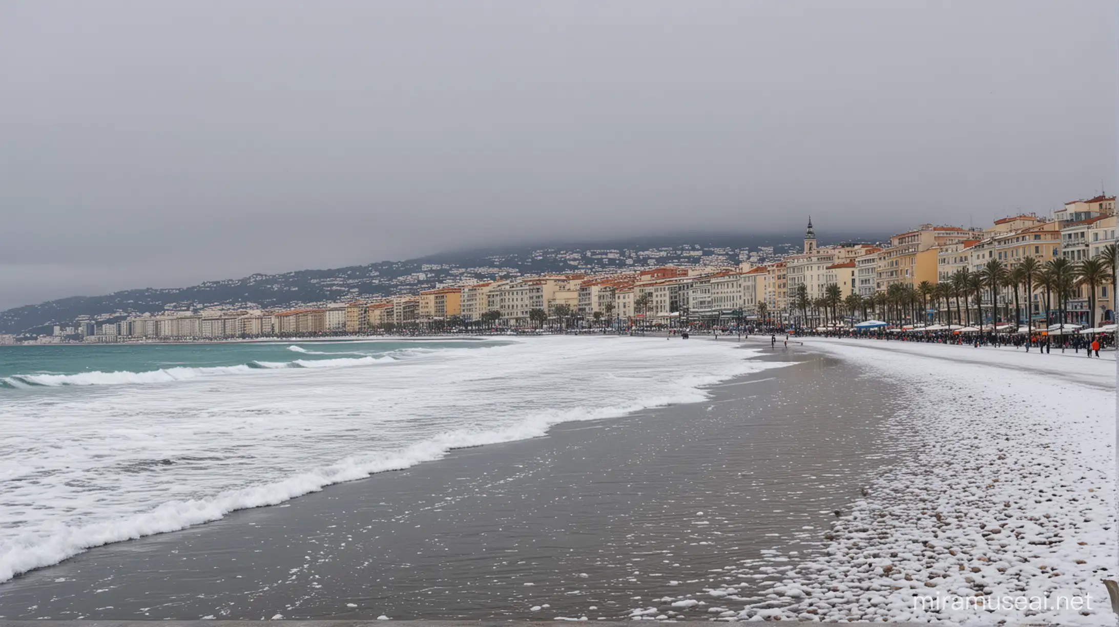 Snowy Seaside Scene in Nice France Tranquil Coastal Winter Landscape