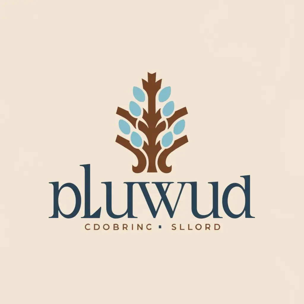 a logo design,with the text "BluWud", main symbol:This logo uses a combination of dark blue and wood brown to reflect the impression of elegant wood. Its design includes images of trees or branches with falling leaves, indicating the strength and beauty of nature. The letters "BluWud" are displayed in a sturdy and naturally impressive font, giving a sense of quality and sustainability.,Moderate,clear background