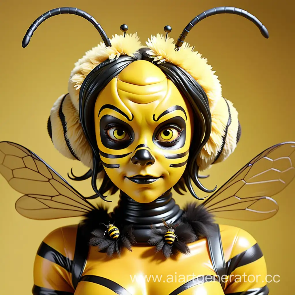- Латексная девушка фурри пчела с желтой в черную полоску латексной кожей с мордой пчелы вместо лица с усиками пчелы на голове с крыльями на спине
