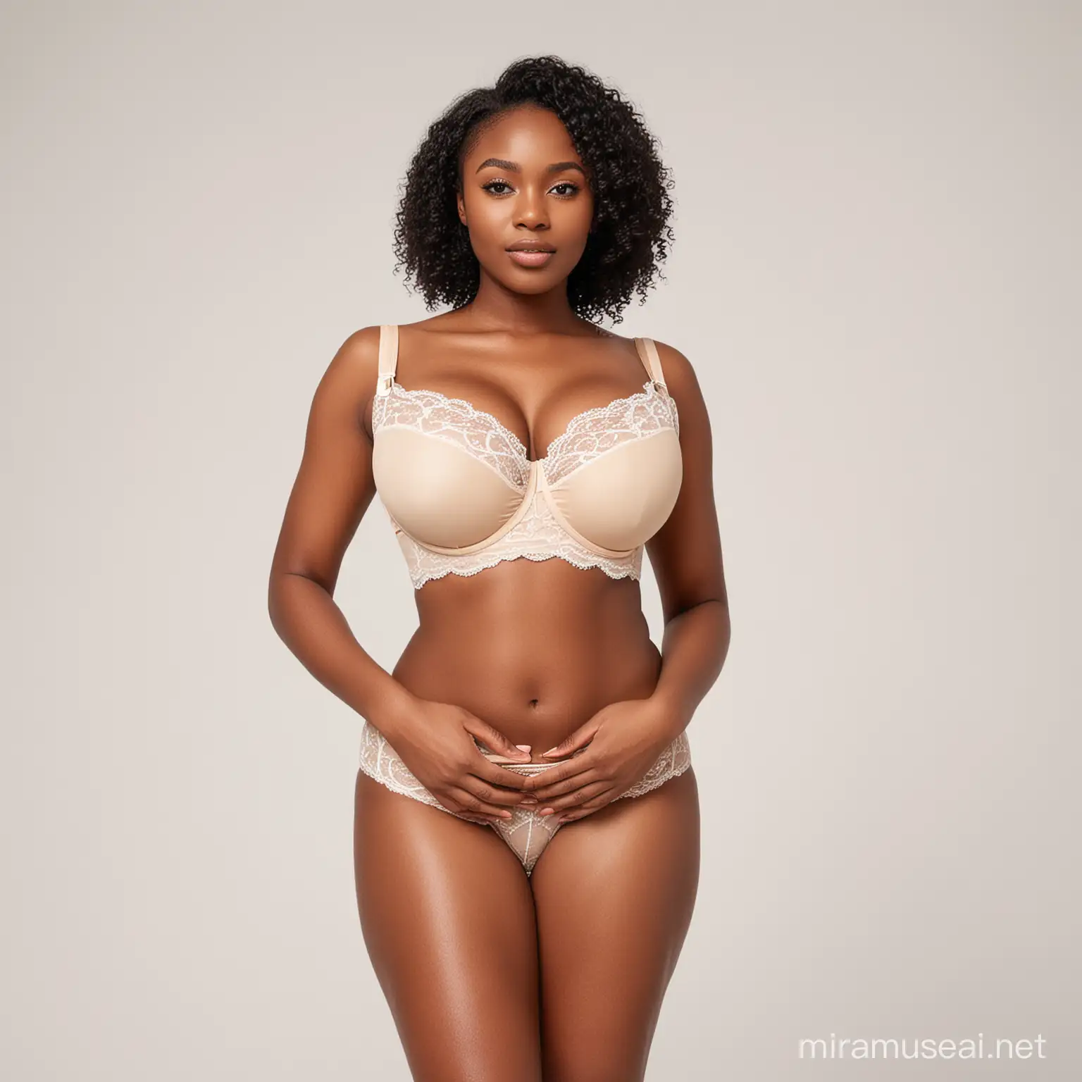 Head to waist vector image of a light complexion nigerian model holding a very big brassiere on a white background