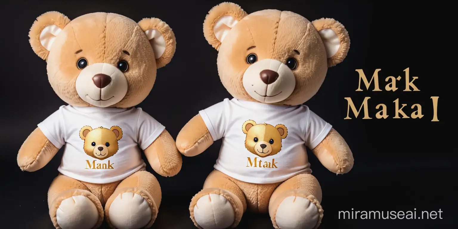 Teddy bear design with white t-shirt with MTAK written in Latin font in gold. The background is black.