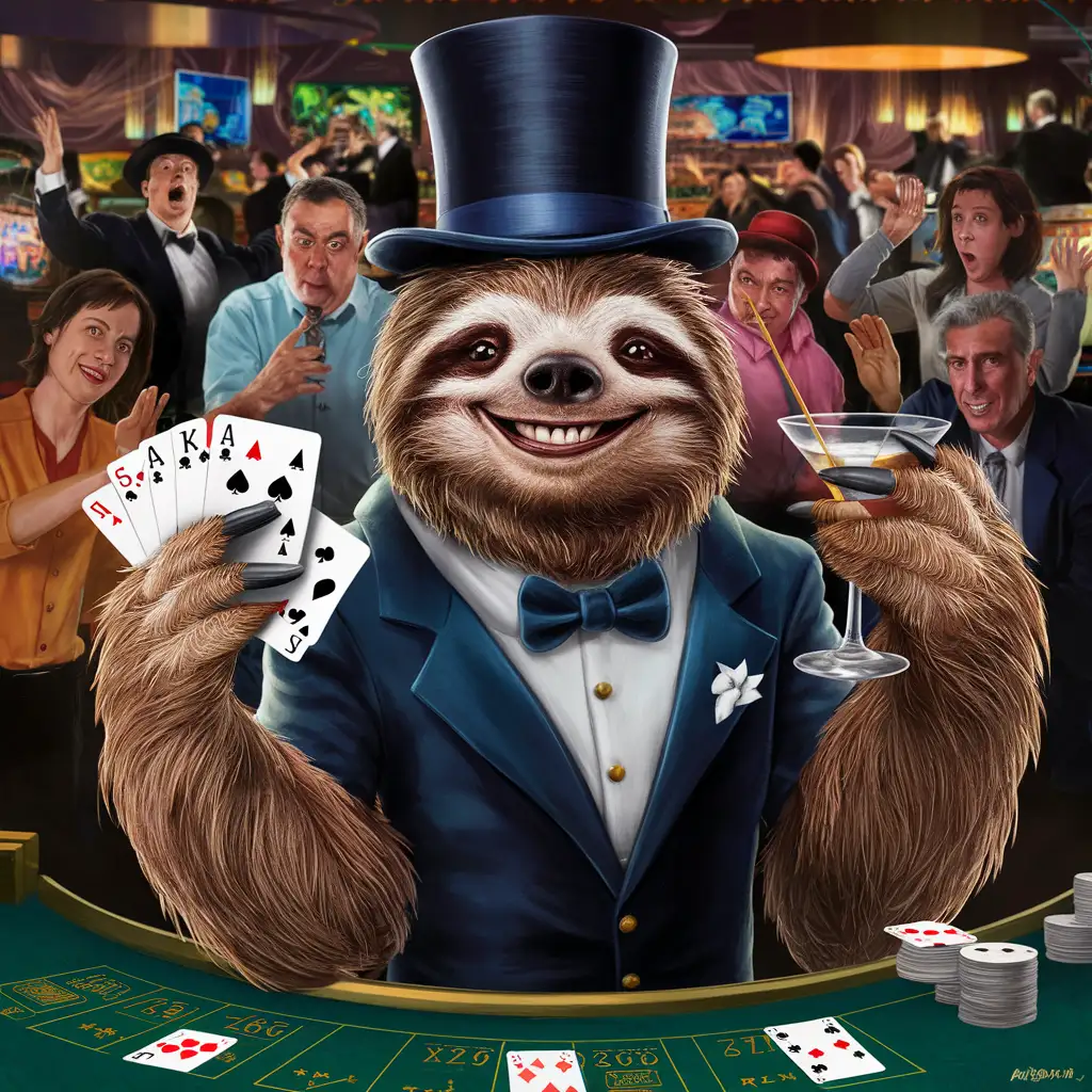 sloth is playing casino and laughing