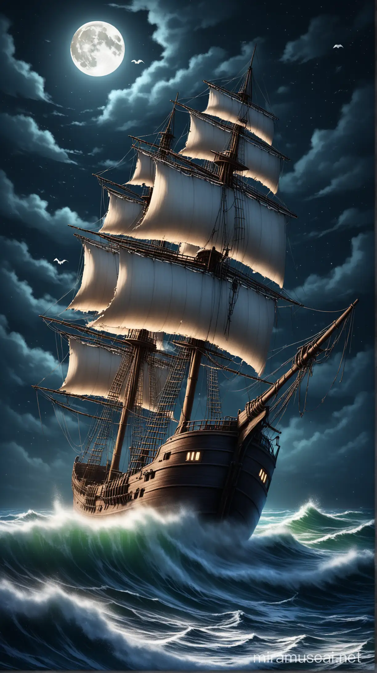 an old rigging, torn sails, ghost ship, in the night, rough sea, waves, foam, moon, photography, realistic