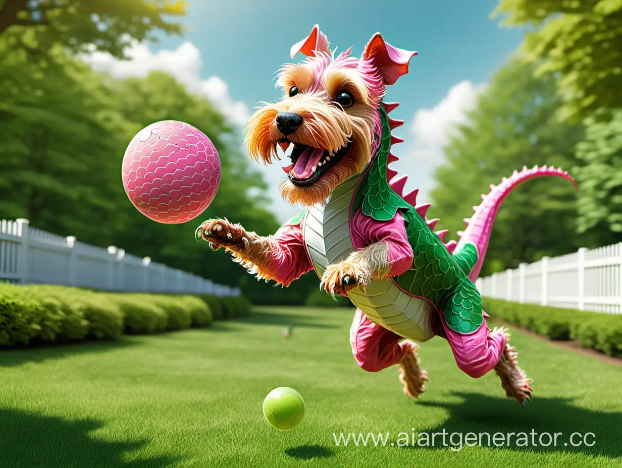 fAiredale Terrier and a green and pink dragon playing catch on the lawn being silly, using a Frisbie. sunny day, dragon laughing. detailed illustration 