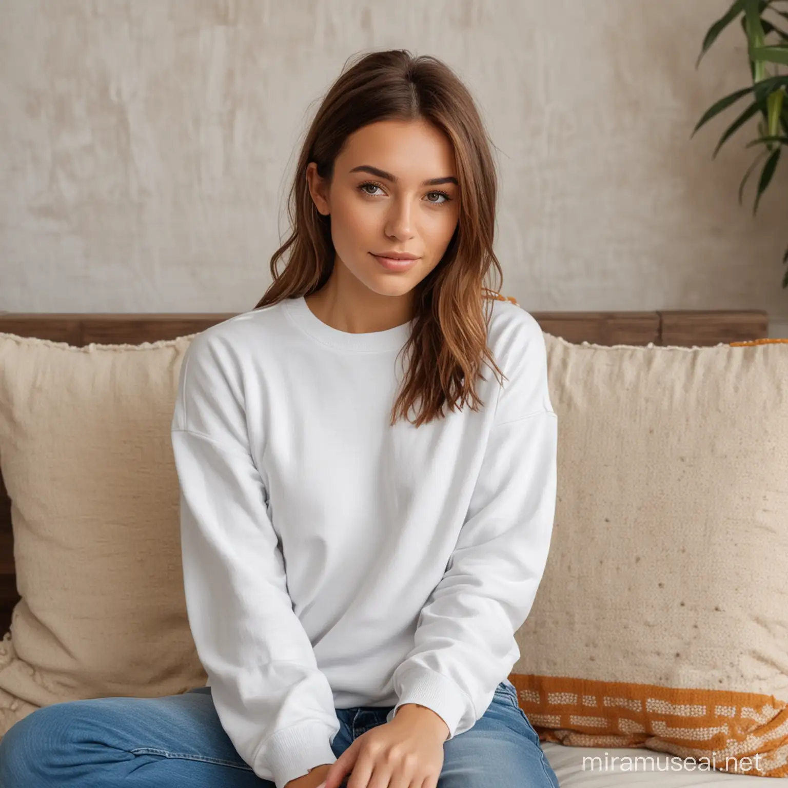 young women, with brown hair over her shoulders, wearing a white crewneck sweatshirt, boho background with pillows, sitting down, facing the camera
