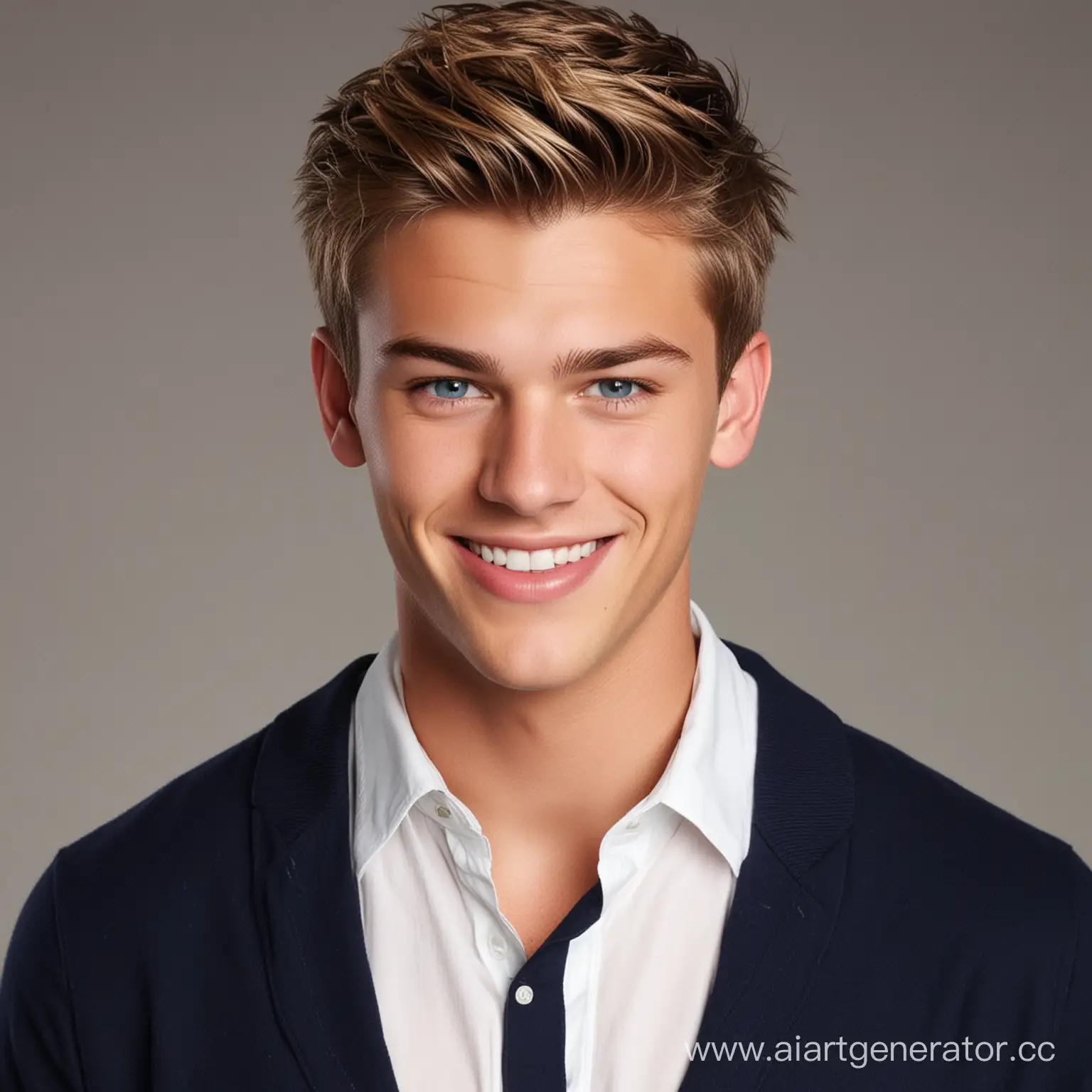 image of a guy with short hair, blond, skinny face, styled haircut, easy smile, bright facial features, handsome, cute, student, young, eighteen years old, looks like actor Brenton Tuites, blue eyes, clear full lips, white office school shirt, school uniform real life style, light body and dark blue, in the background, full-length, beautiful look, realistic pictures, animated gifs -ar 71: 128 -Stylize 750 -v 6