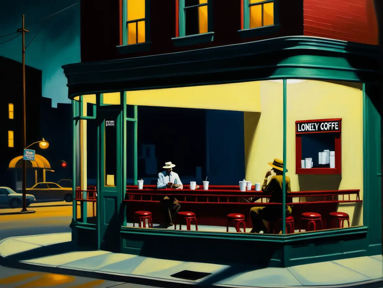 in style of edward hopper lonely coffe shoppe patron