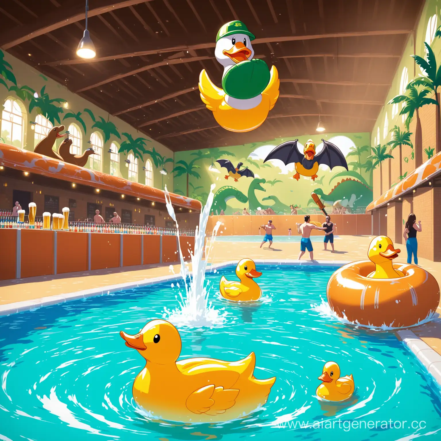 Man-Enjoying-Inflatable-Bat-Game-Amidst-Beer-Pool-with-Ducky-Dinosaurs