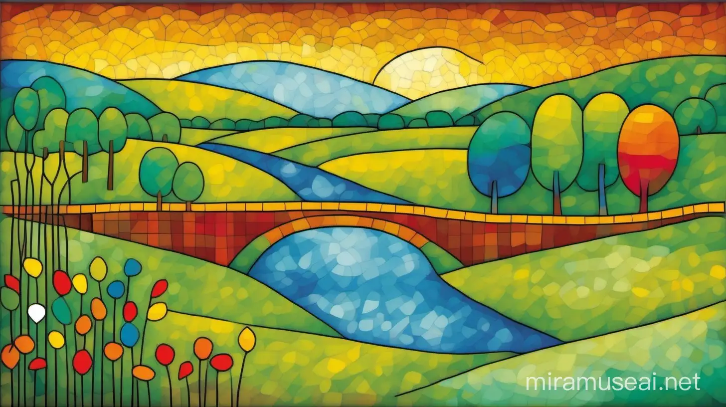 Male ein buntes Bild im Stil von Paul Klee. .Eine Wiesenlandschaft mi einem Fluss und eine Brücke sind zu sehen.