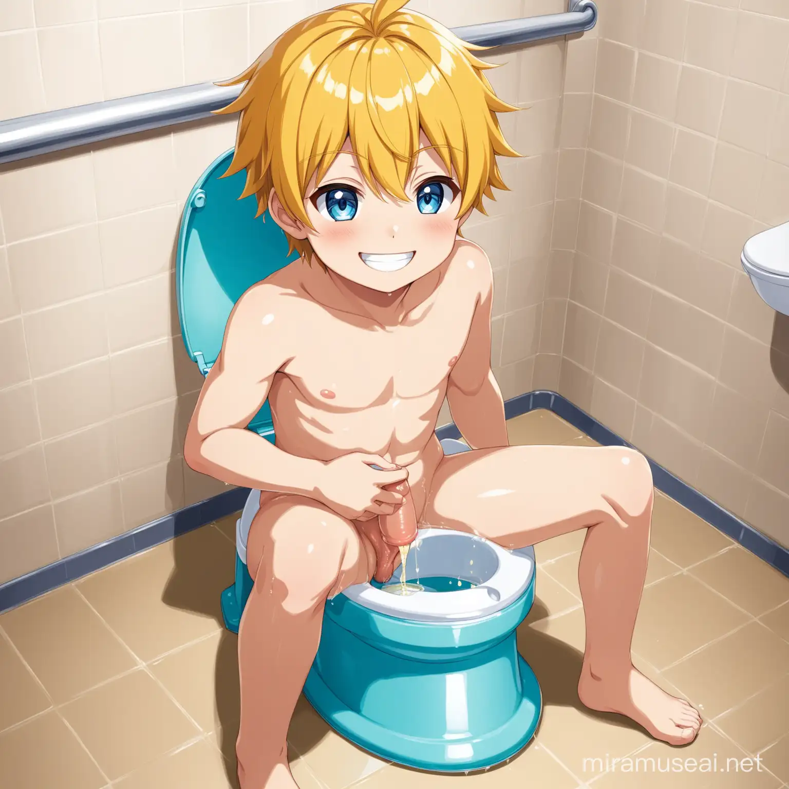 Anime boy peeing in the plastic training potty while sitting naked and smiling at the camera as the pee goes in the potty penis showing legs open