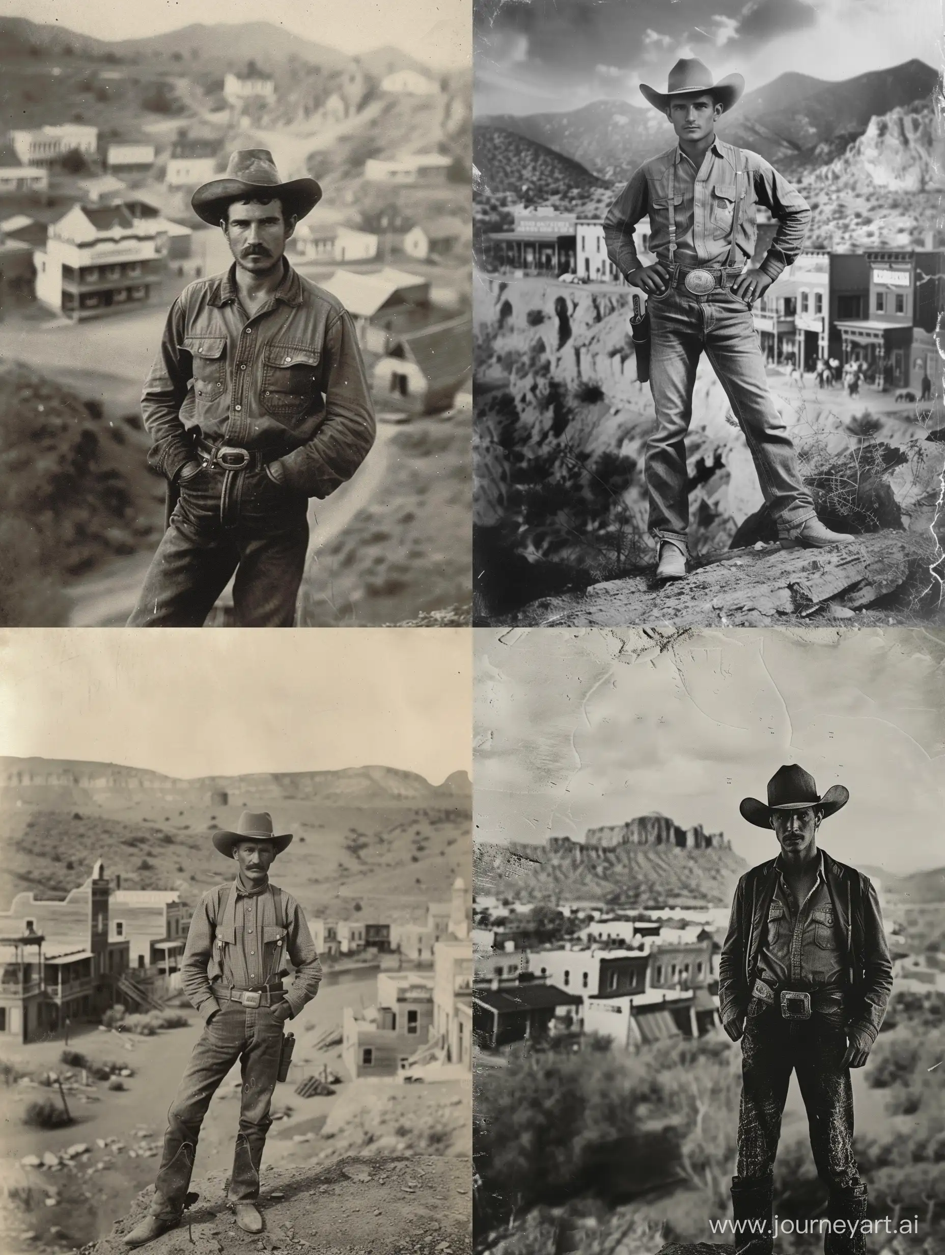 Wild-West-Cowboy-Posing-in-Front-of-Town-Vintage-Black-and-White-Photograph