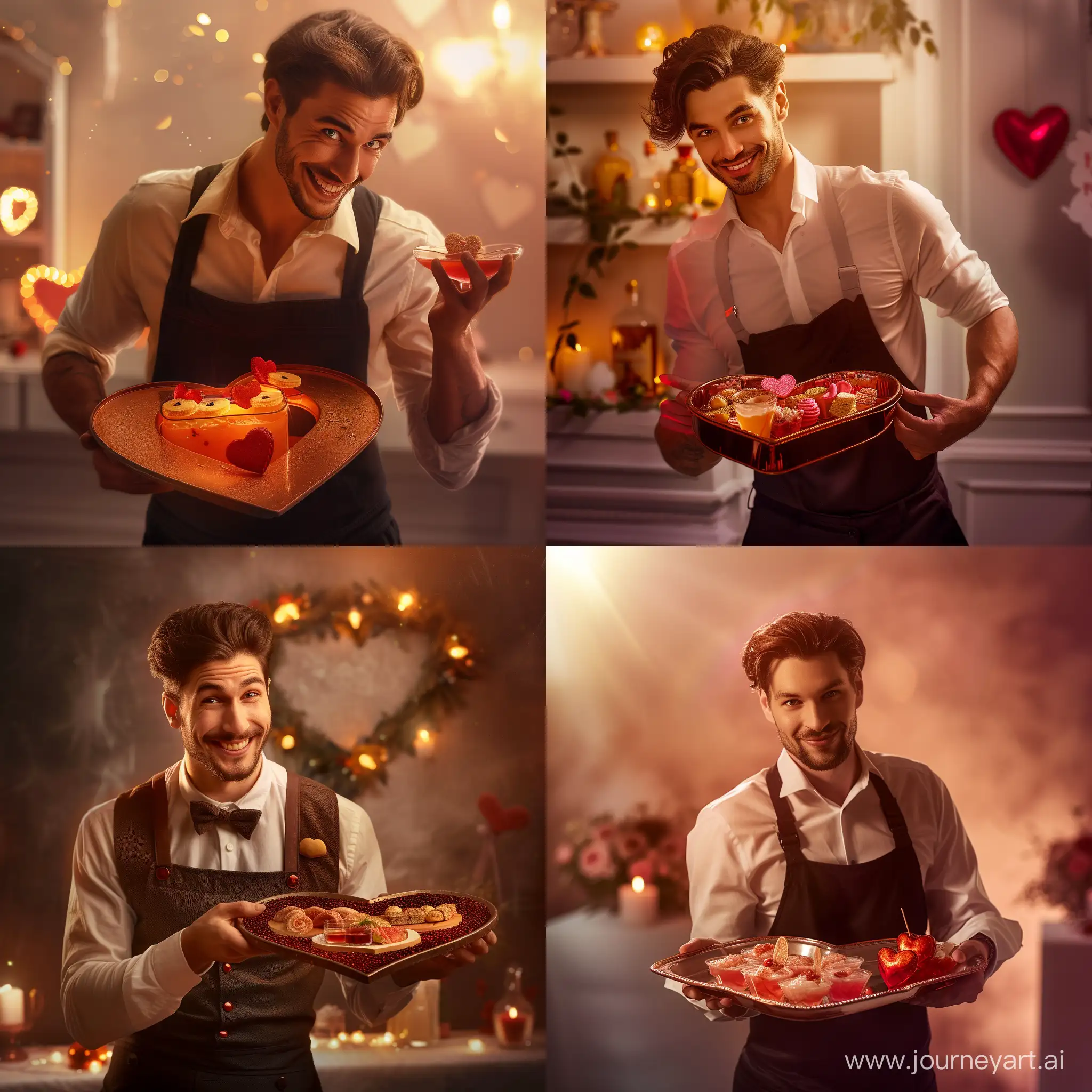 A high-quality, tasteful image of a Cheeky male Butler in action, wearing a pinny only in great shape, good looking: think of him holding a heart-shaped serving tray with Valentine's themed goodies or cocktails, offering it to the camera with a playful wink or a charming smile. The background could be softly lit to add a warm, inviting glow, with subtle Valentine's decorations to set the mood., real photo, 8k, 