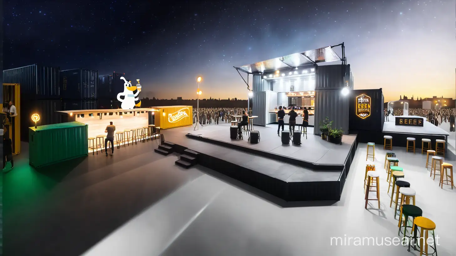 make the grey area to be a stage that has band playing on it and surround with crowds, add some ambient light and container arcitecture on the background. decorate with some artificial light, add crowd, joyful, bar beer, warm light, art, music, food truck, mascot.


