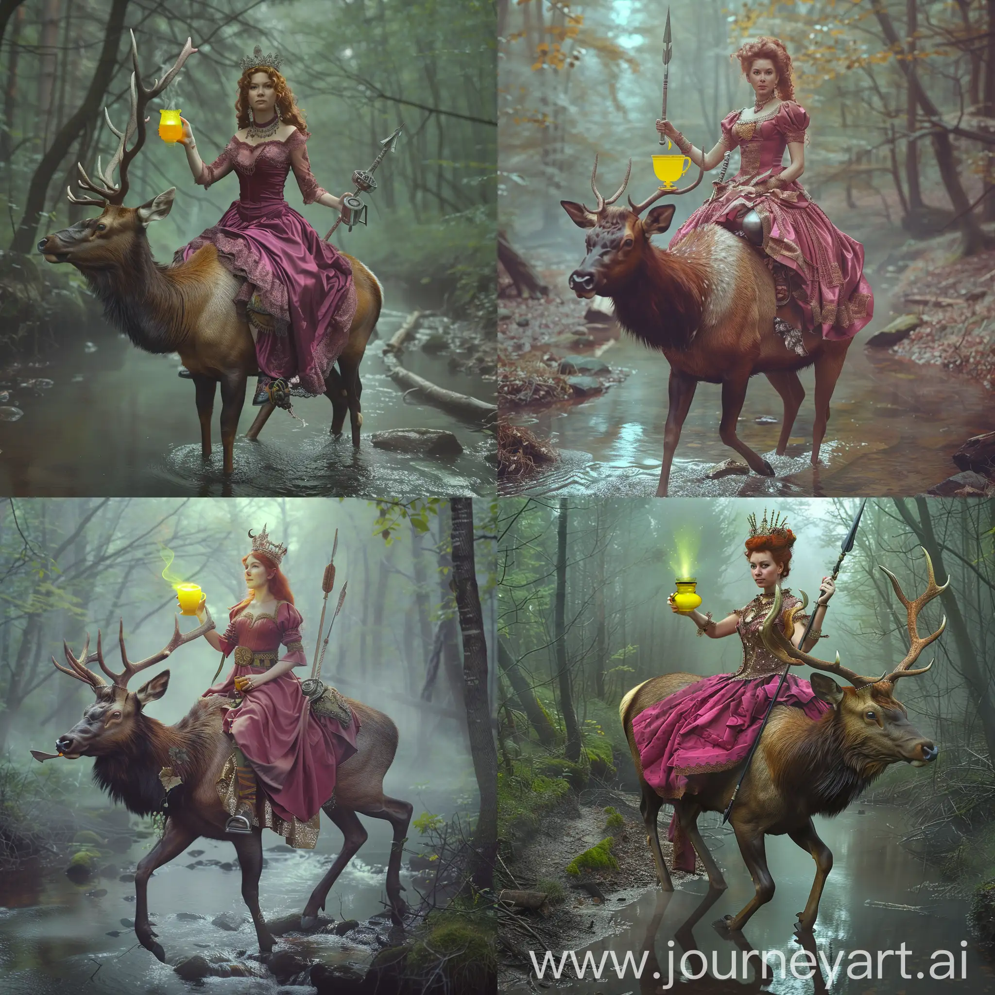 In the foggy Bialowieza primeval forest, a graceful Belarusian lady with stunning auburn hair and donning a fuchsia dress elegantly rides a majestic elk across a gentle creek. She holds a cup of bioluminescent yellow tea in one hand, casting an ethereal glow around her. With her other hand she holds an iron spear. This vivid scene, rendered in a realistic wide photograph, captures the enchanting blend of nature and elegance. The lady's poise and the elk's regal presence are beautifully contrasted against the mystical atmosphere of the forest. The intricate details and exquisite color palette make this image a truly captivating masterpiece.