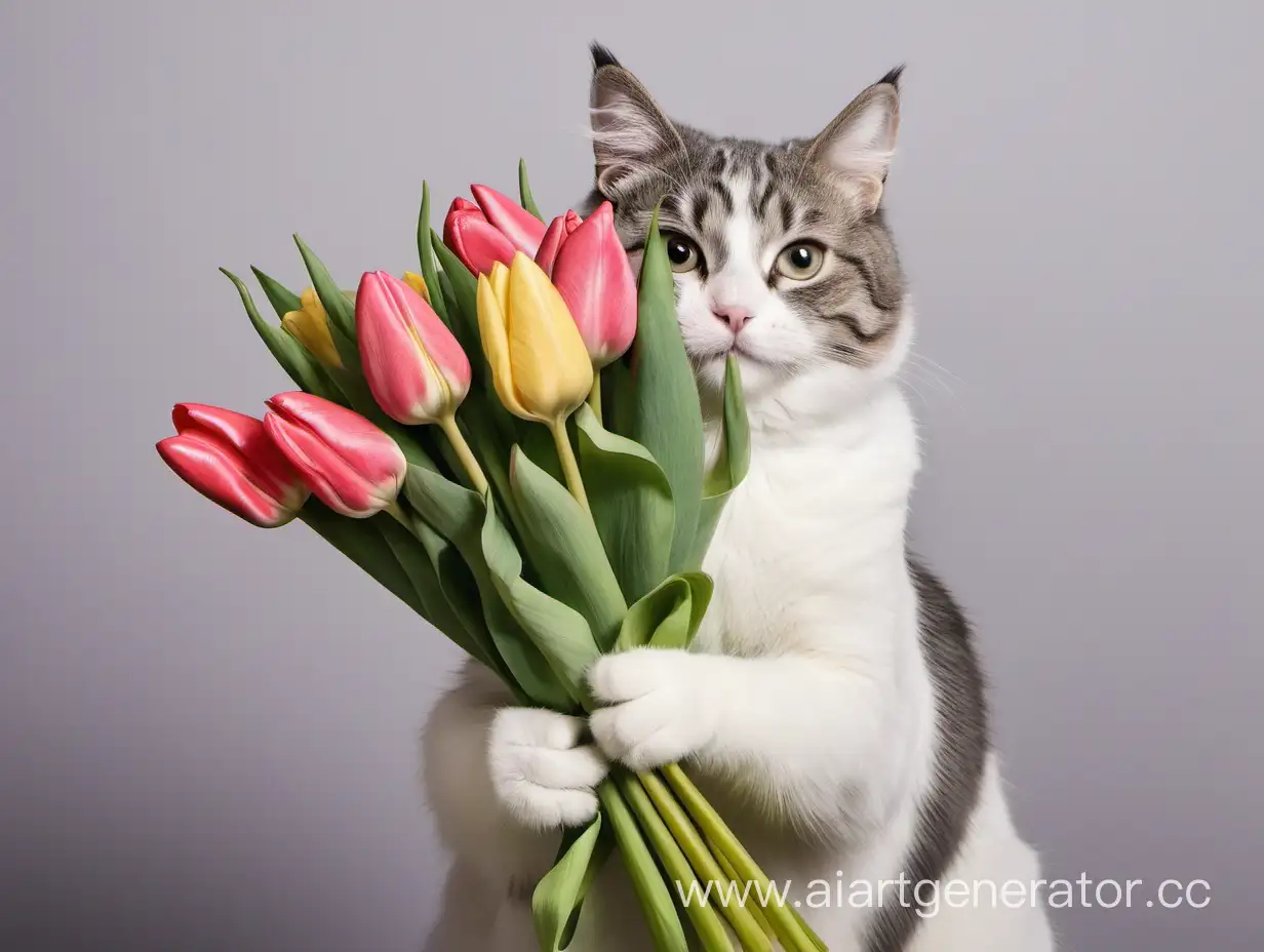 кот, который держит в лапах букет тюльпанов