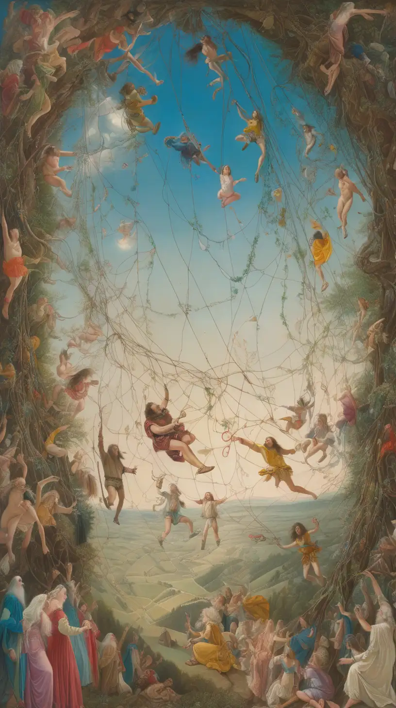  electric colors, cartographic, by Richard dadd, by greg rutkowski, hanging vines, 360 panorama, by david mann, scroll painting, third person, dramatic 