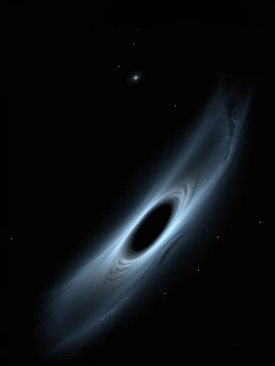 a full screen black hole in space, outlined with a thin white light. It has a horizontal accretion disk around it's center wrapping around it in dark space with few stars visible.