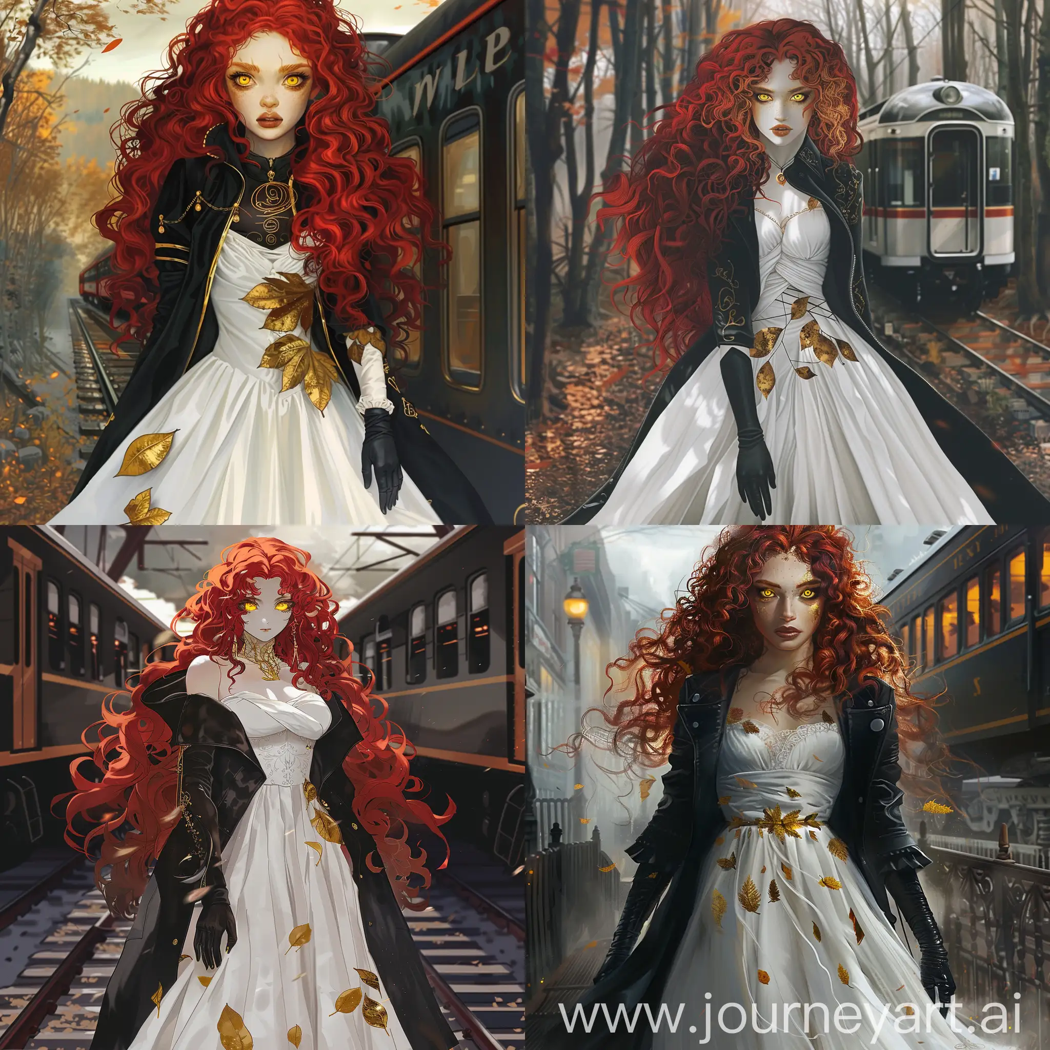Red curly hair, long hair, black long jacket on the shoulders, white long dress, golden leaves in the dress, yellow eyes, black short gloves, with a train in the background