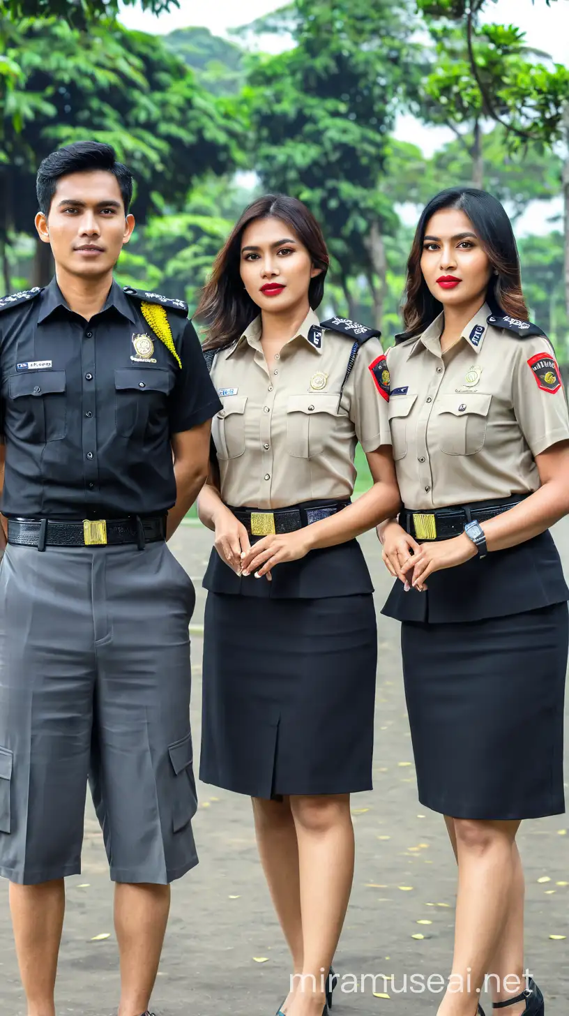 Make a photograph of three Indonesian policewomen aged 26 years and a man aged 28 years wearing black suits standing in the park, their faces look clearly realistic, detailed, focused,