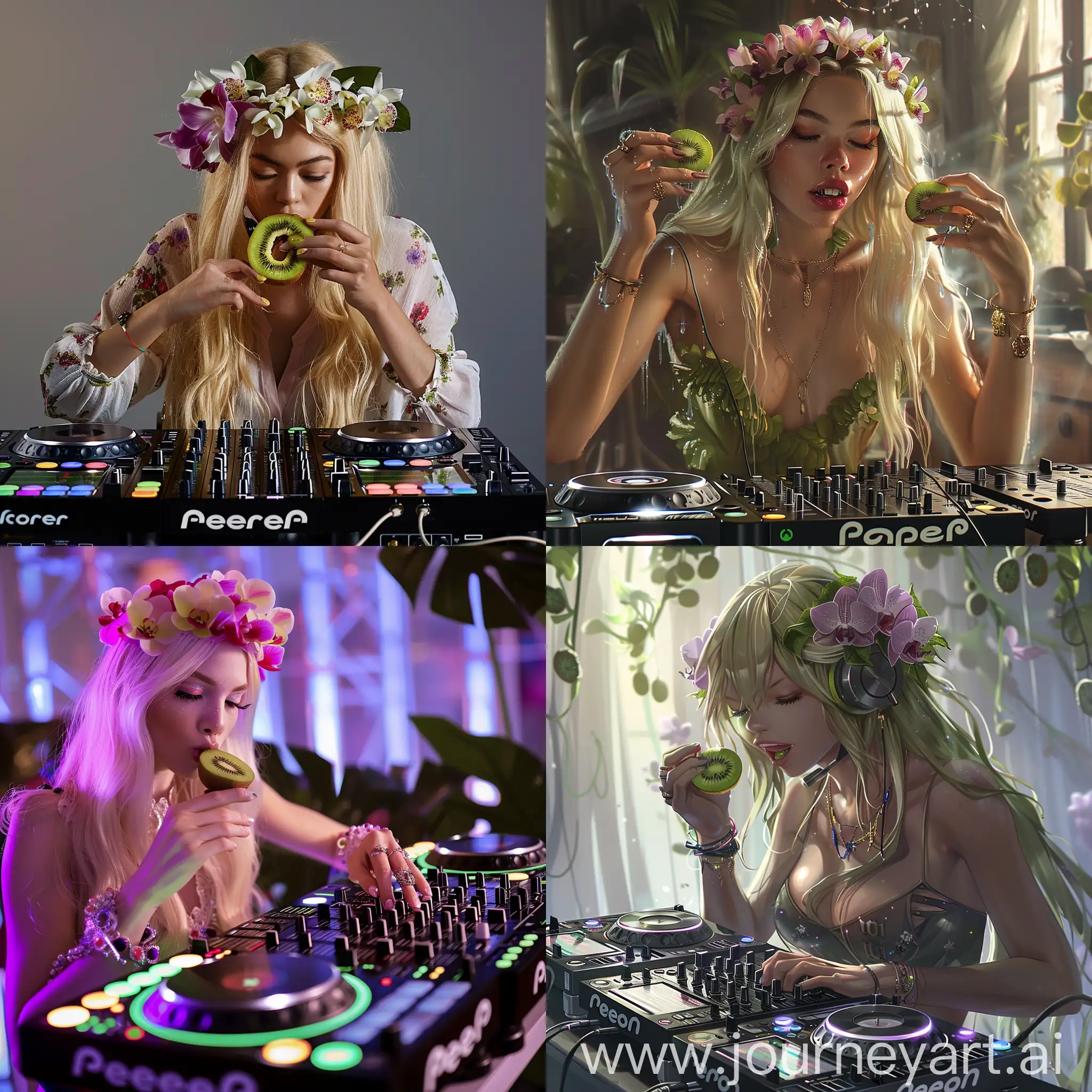 Blonde DJ girl with orchids in her hair eats kiwi and plays music on the DJ console