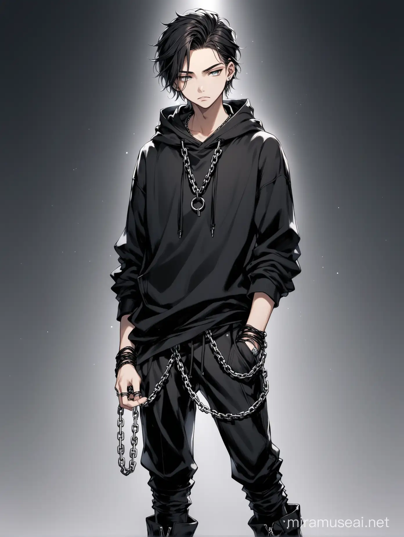 A handsome, mysterious teenage boy in his. His hair is black and tied back. He wears eyeliner, a black earring, and a ring on his lower lip. He has a sleepy look in his eyes. He wears a black hoodie, wears black headphones, wears folded black pants, wears long black boots, and wears rings on his fingers, he hangs a chain around his neck, and accessories.