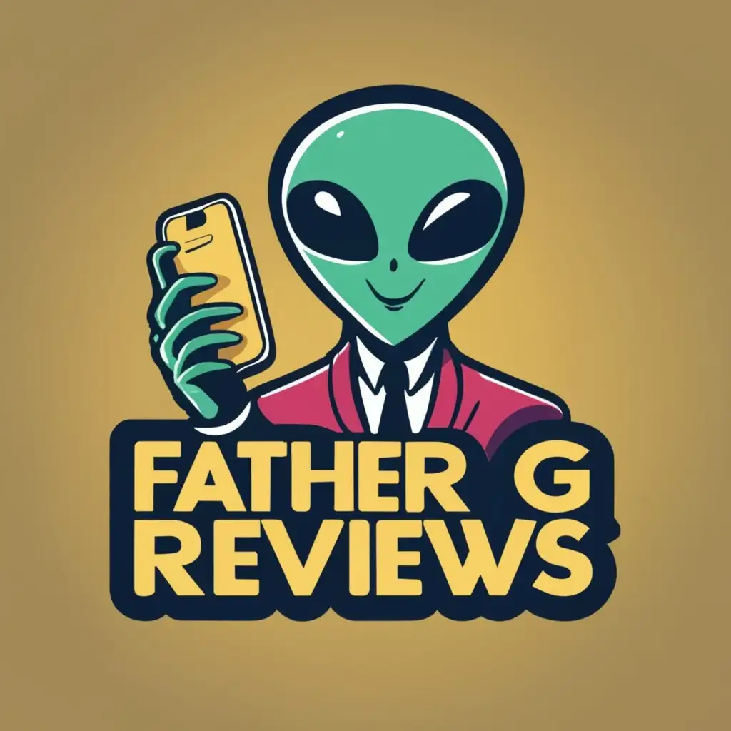 logo, Alien in suit holding phone with logo on it, with the text "Father G Reviews", typography, be used in Nonprofit industry wording as father g