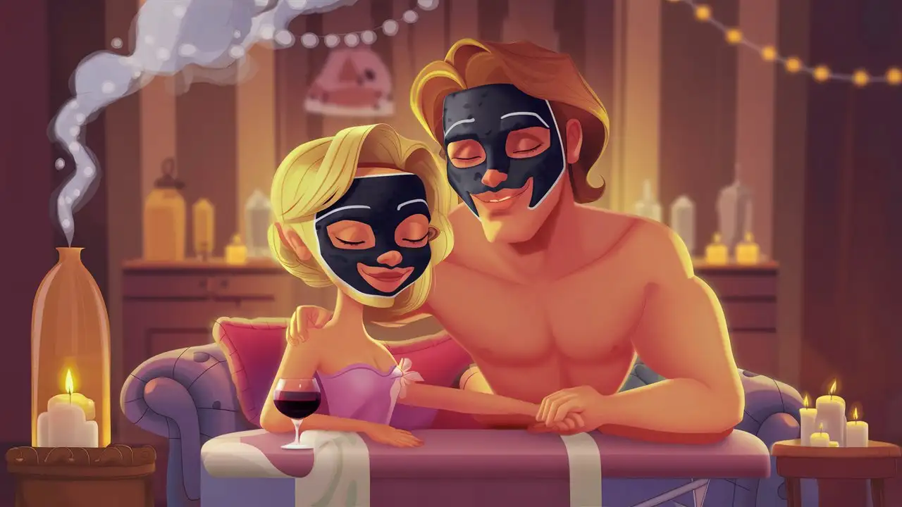 Short blonde woman with big blue eyes and a tall man with wavy brown hair and blue eyes, with charcoal face masks on, having a home spa night