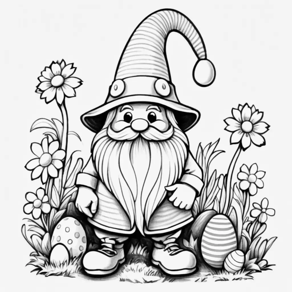 Draw cartoon Easter gnome with the long beard and a floppy hat use pastel colors to paint the hat with stripes polka dots or flowers add some Easter eggs or bunnies around the gnome