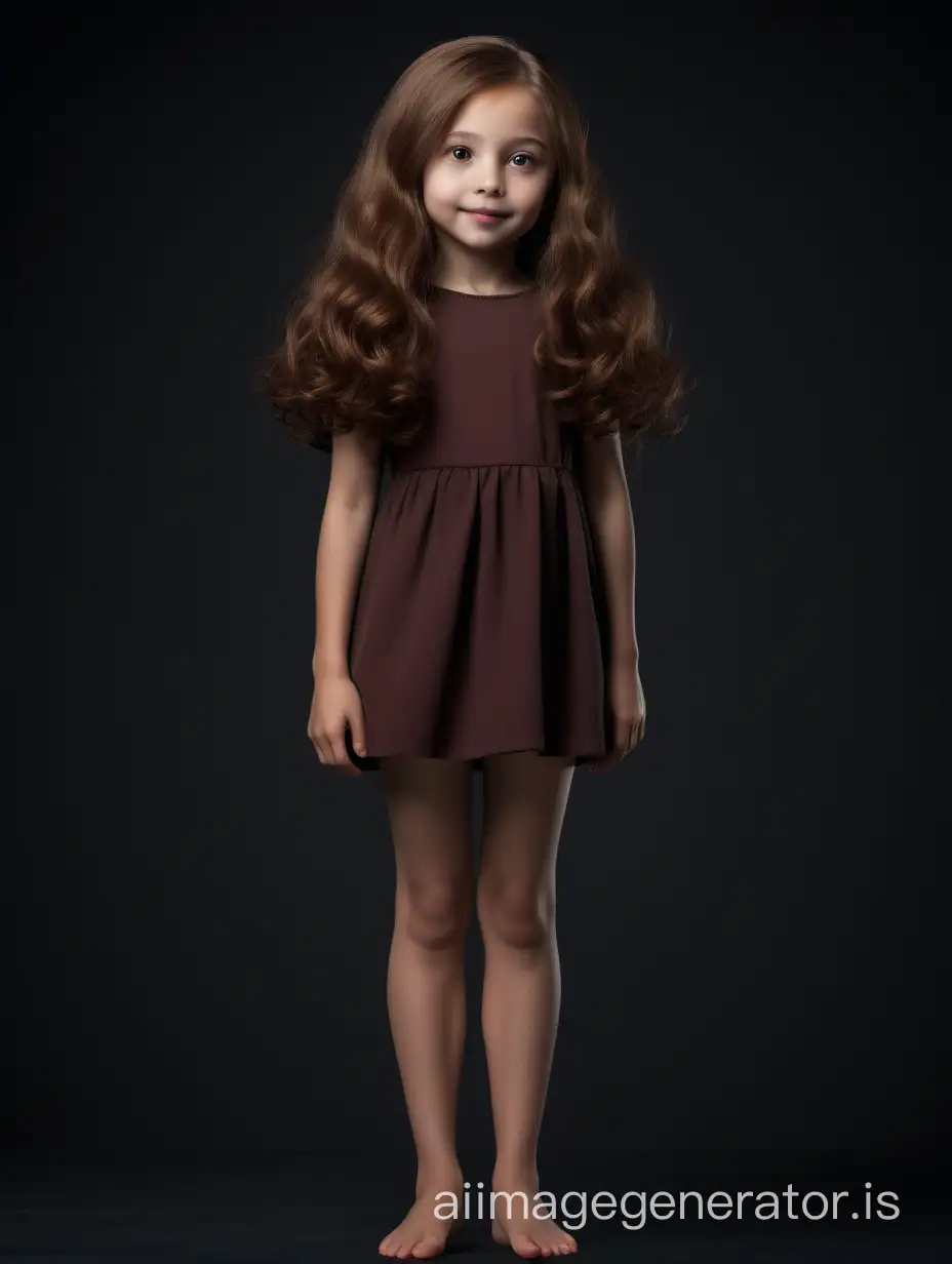  This 10-year-old girl has a slender body with graceful proportions. She has a round head with soft facial features. Her round eyes, hazel in color, radiate joy and curiosity. Her small nose is slightly upturned, giving her a friendly look. She has full, gentle lips that are often adorned with a cheerful smile. This girl's hair is long and thick, dark chestnut in color. It cascades down her back in soft waves, creating an elegant look. Her hair also has a natural shine and softness., 8K UHD, full body in image, She is standing with her back to the camera, legs spread wide.