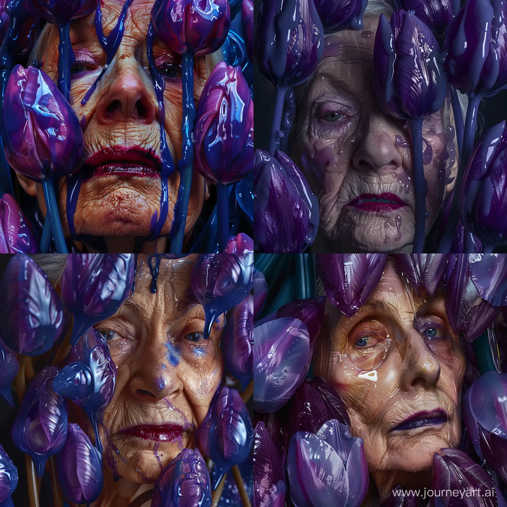 Elderly-Woman-with-GrungeStyle-Makeup-Surrounded-by-PurpleBlue-Slime-Tulips