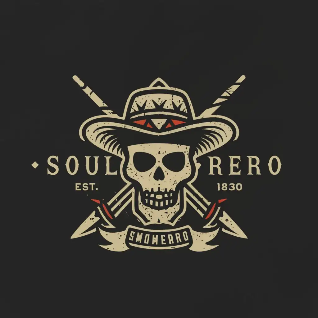 a logo design,with the text "Soul Sombrero", main symbol:weathered rugged style hat, skull , rattlesnake, crossed swords, daggers,Minimalistic,be used in Entertainment industry,clear background