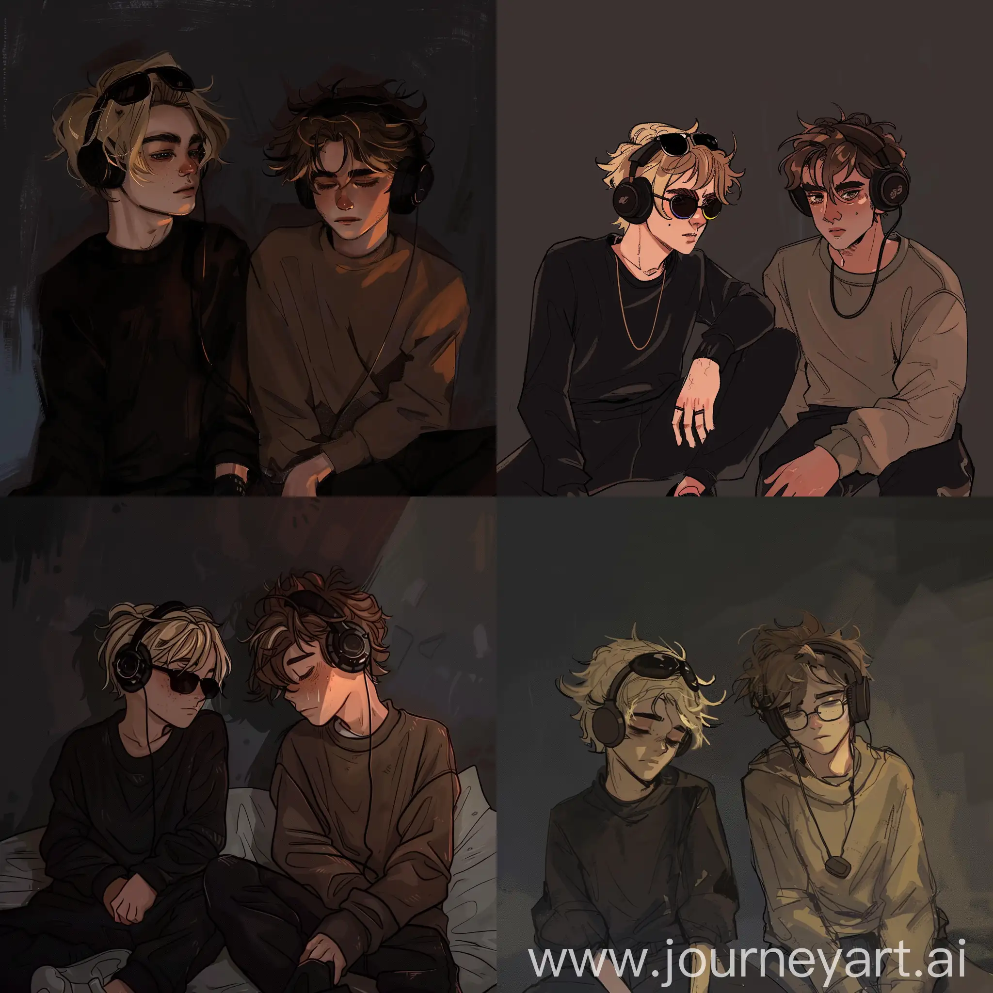 dark theme, two teenagers, drawing, two boys, night, the boy staying on the left is blonde wearing black outfit and with sunglasses on his forehead; the one on the right is wearing sweatshirt with brown messy hair and with headphones, animated drawing