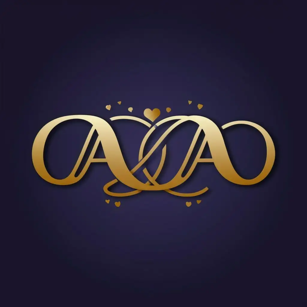 logo, letters in italic, the heart between both letters, creating infinity, letters in gold color, navy blue background, with the text "AA", typography