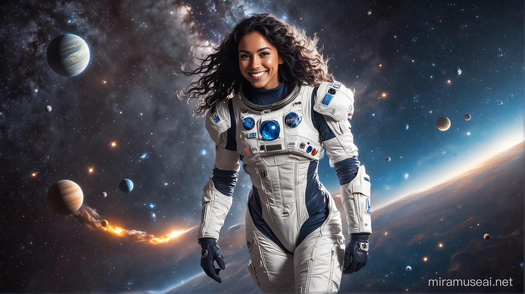 Happy smiling 26 year old latin woman, very long black hair, wild hair, , full body,  spacesuit, armored spacesuit, white and blue spacesuit, bright glowing spacesuit, open space, burning planets, galaxies