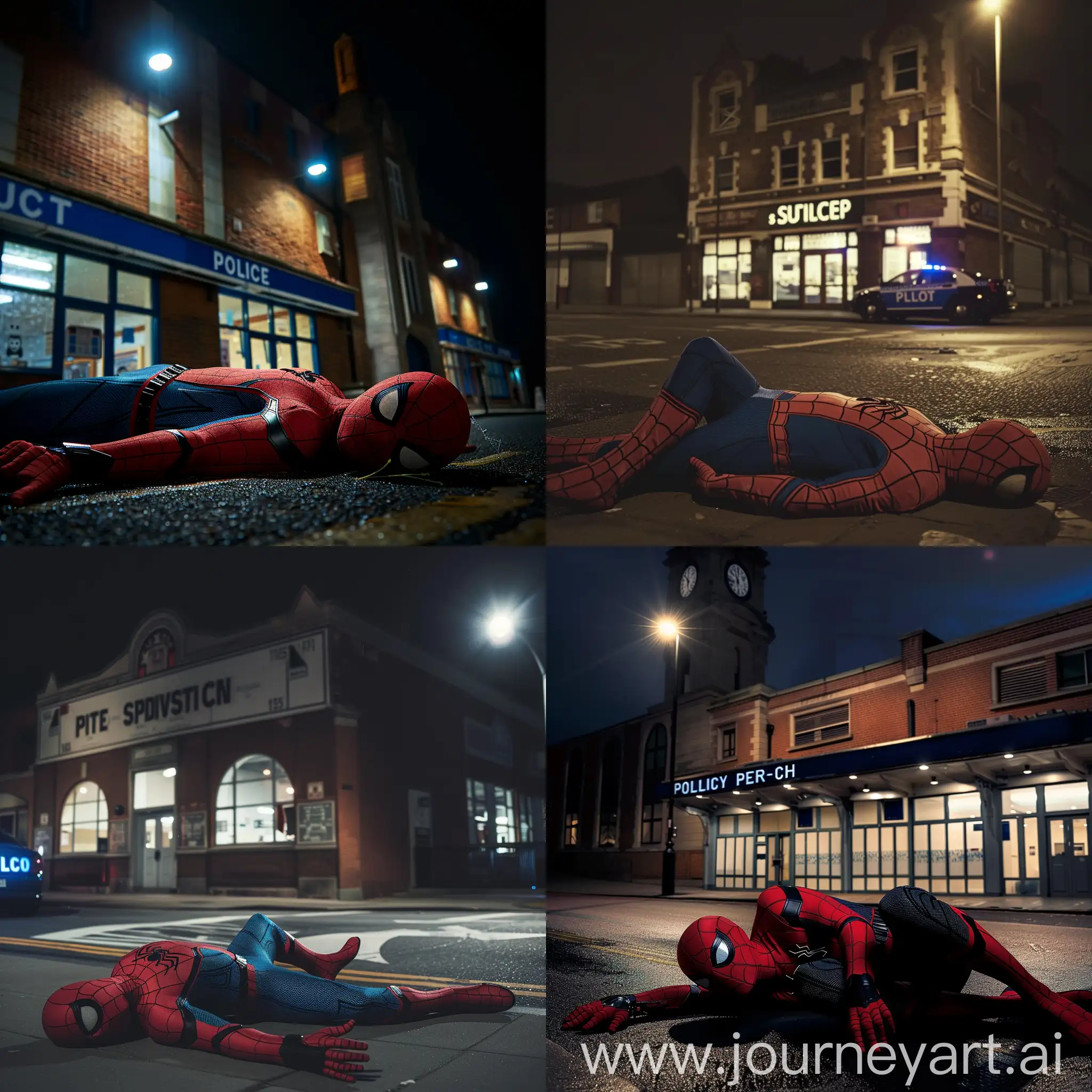 Spiderman passed out in front of a police station at night 
