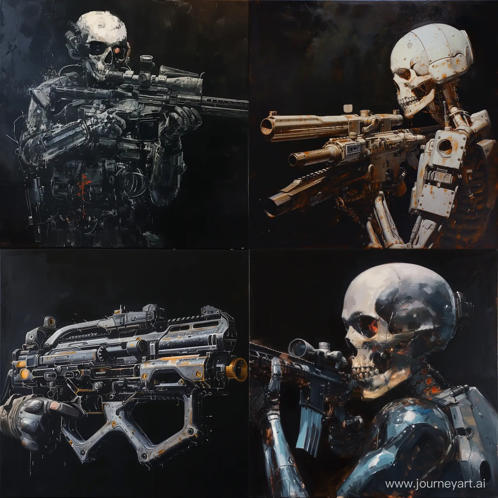 deadman, modern weapon, modern military equipment, black background, oil painting