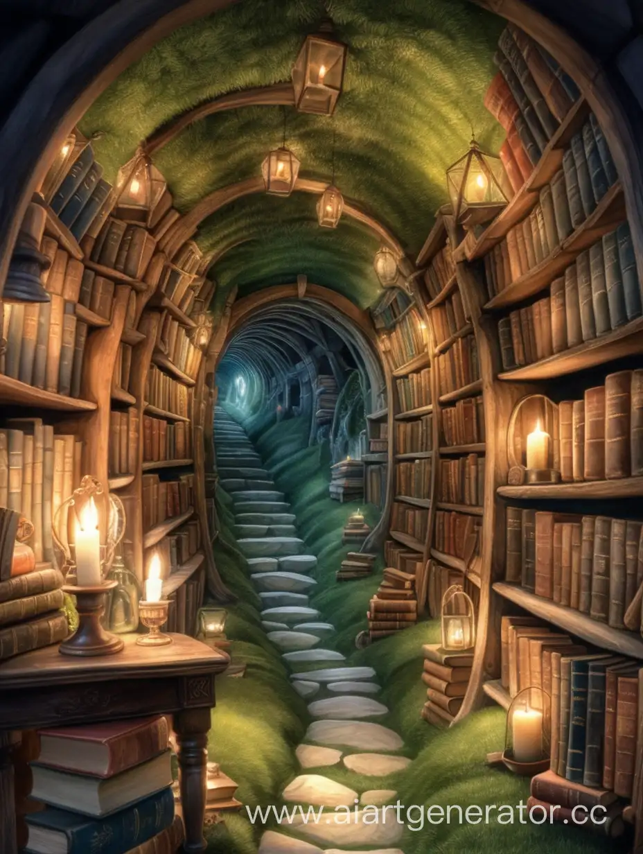 Ультра-детализация, мягкая акварель, яркая акварель, старинные книги, орнамент, туннель из книг, вечер, много книг, старинные книги, ночь, дом хоббита, круглый тоннель, библиотека хоббита, свечи, лес, мох, тоннель к морю