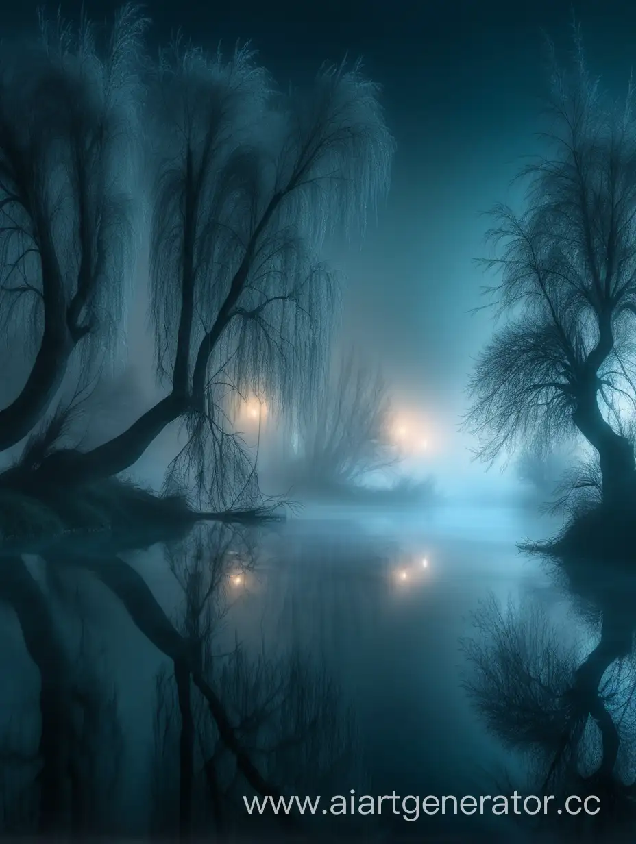 Мистический пейзаж река ночью большие красивые ивы с длинными ветвями и листьями плывёт густой туман 