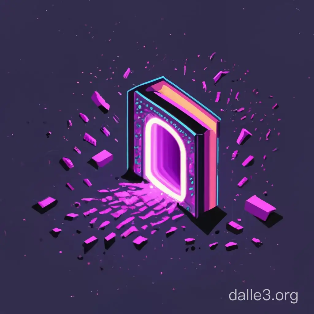 opened book in the void,  purple glowing,   vector drawing style,  purple particles aroud the book,   minecraft style,  opened  book on the black table,  simple, minimal, purple portal, purple light, portal in the book