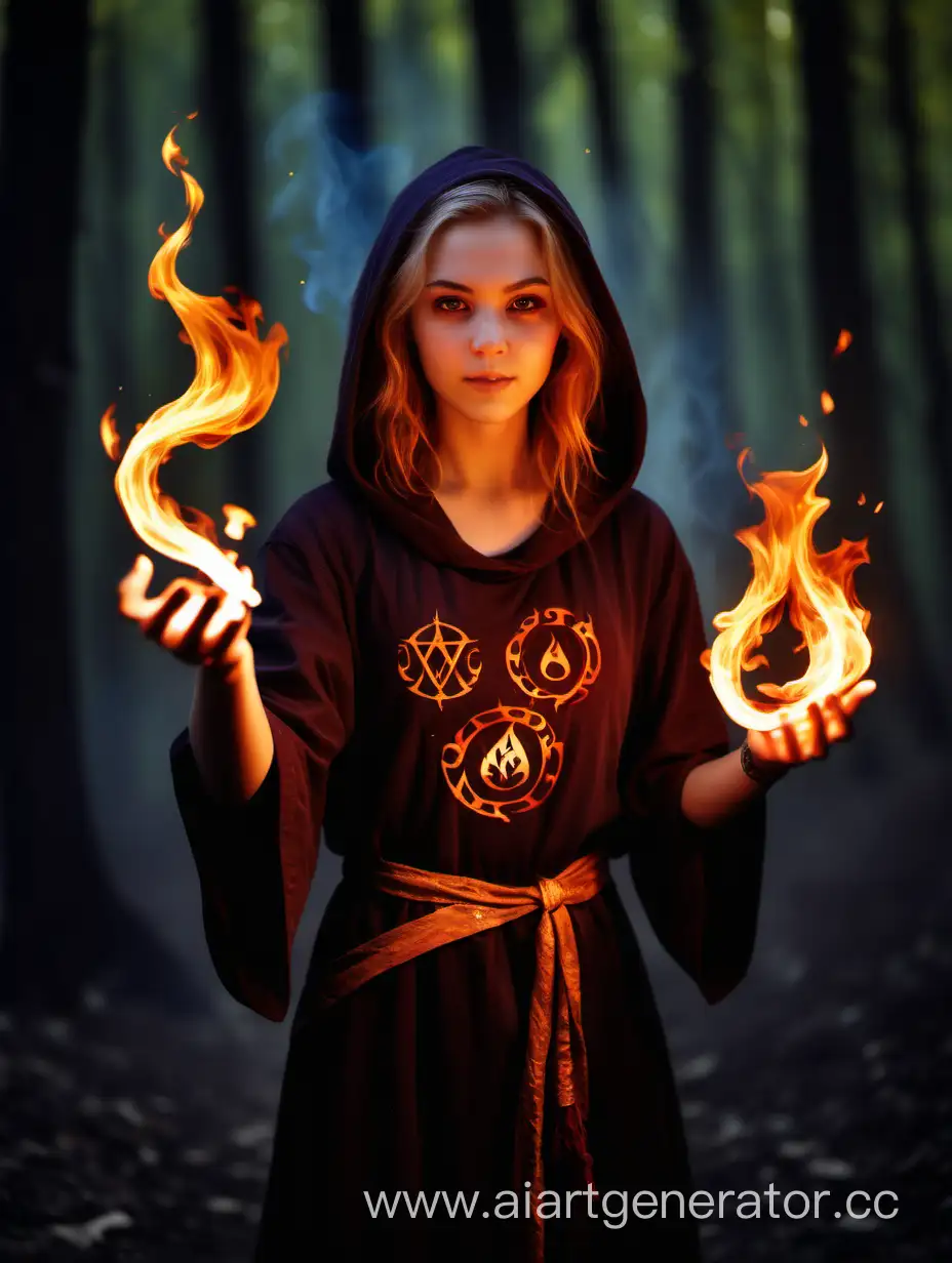 Fire magic, burning sigils, young female mage apptentice, prscticing the magic arts