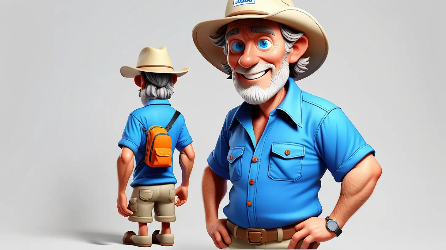 Cheerful 3D Cartoon Character in Vibrant Blue Camping Shirt and Aussie Hat on a White Background