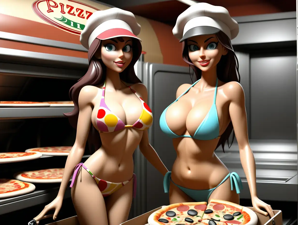Vibrant Summer Scene BikiniClad Girl at a Busy Pizzeria