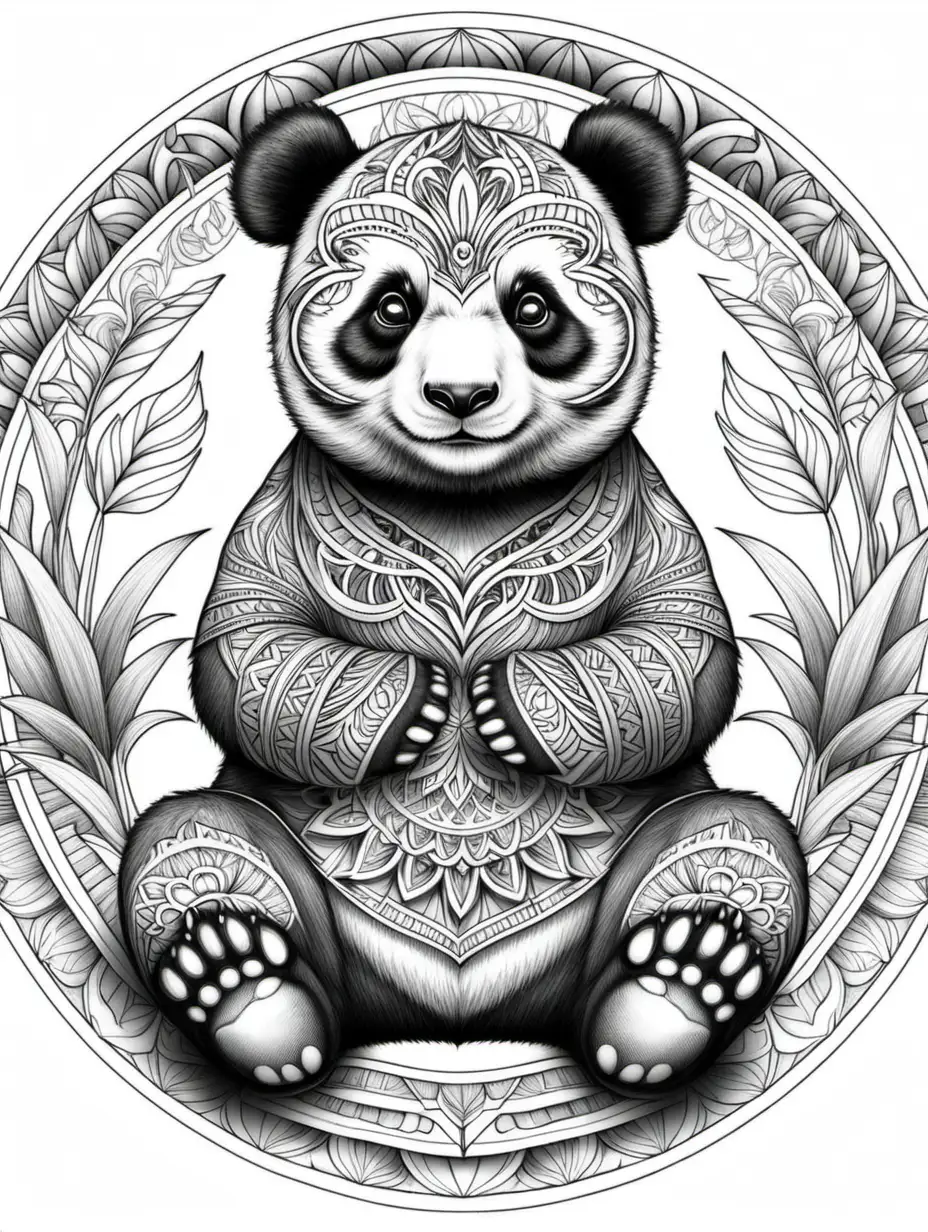 adult coloring book, mandala panda, high detail, black and white, not shading,