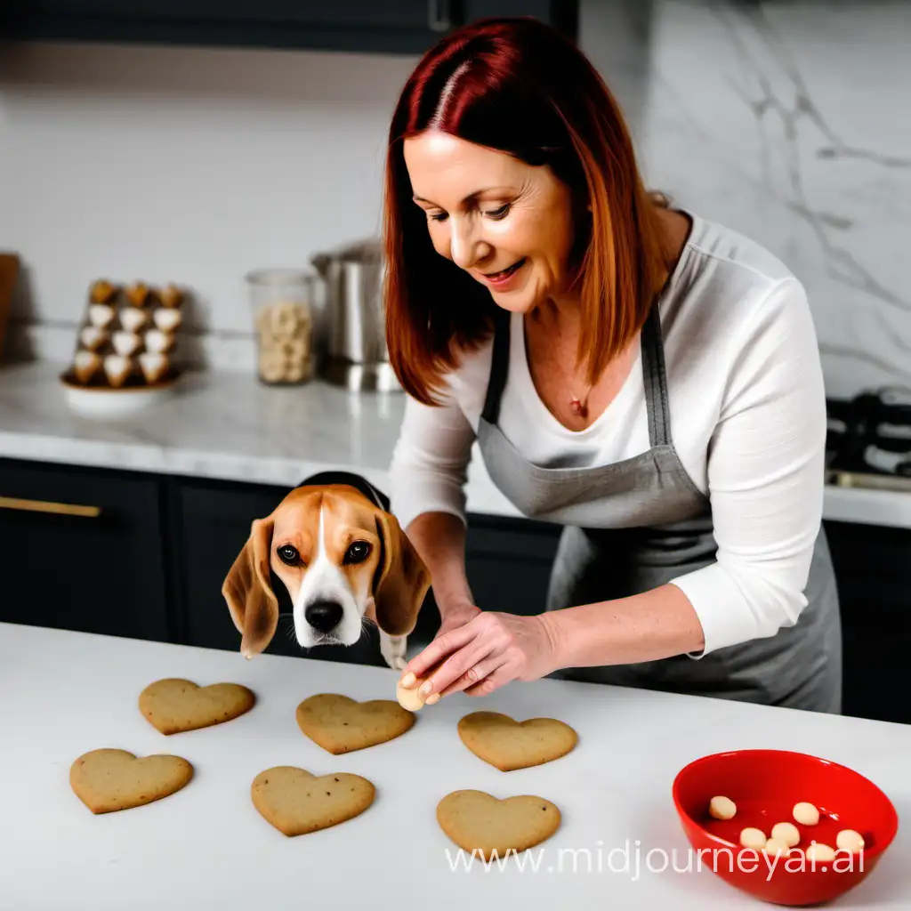 a mom making cookies with marzipan and her beagle watching