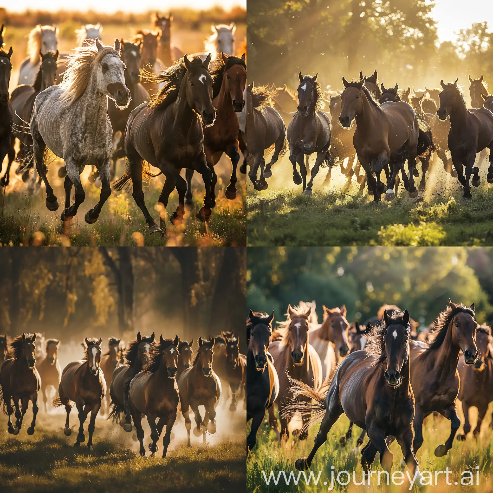 阳光下多匹马在奔跑
