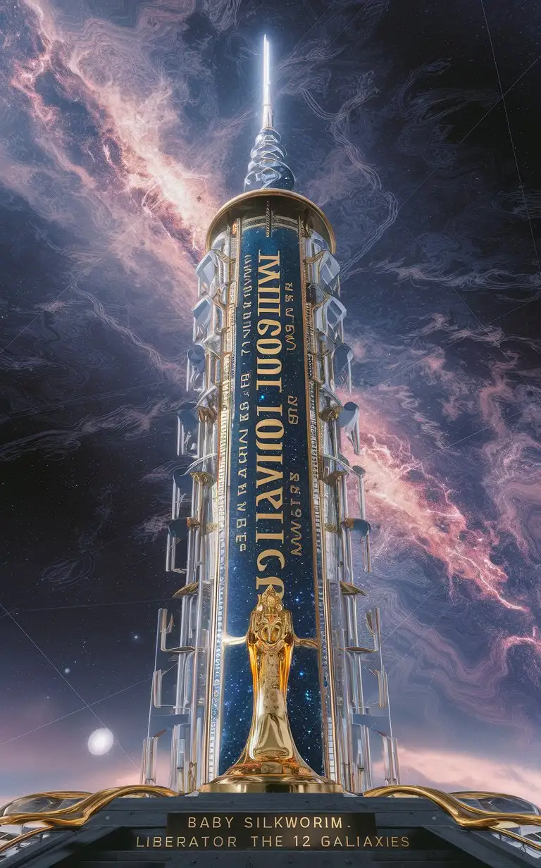 """
full Celestial Space add bold text""The Futuristic Music Tower in Celestial Space"" complex 36 storey sky tower poster golden statue include name "Baby Silkworm - Liberator of the 12 Galaxies."(Capture  gleaming towers and the golden statue inscribed with "Baby Silkworm - Liberator of the 12 Galaxies.)breathtaking aesthetics premium 14PT card stock authenticated 8k 16k breathtaking visuals in a complex background
"""