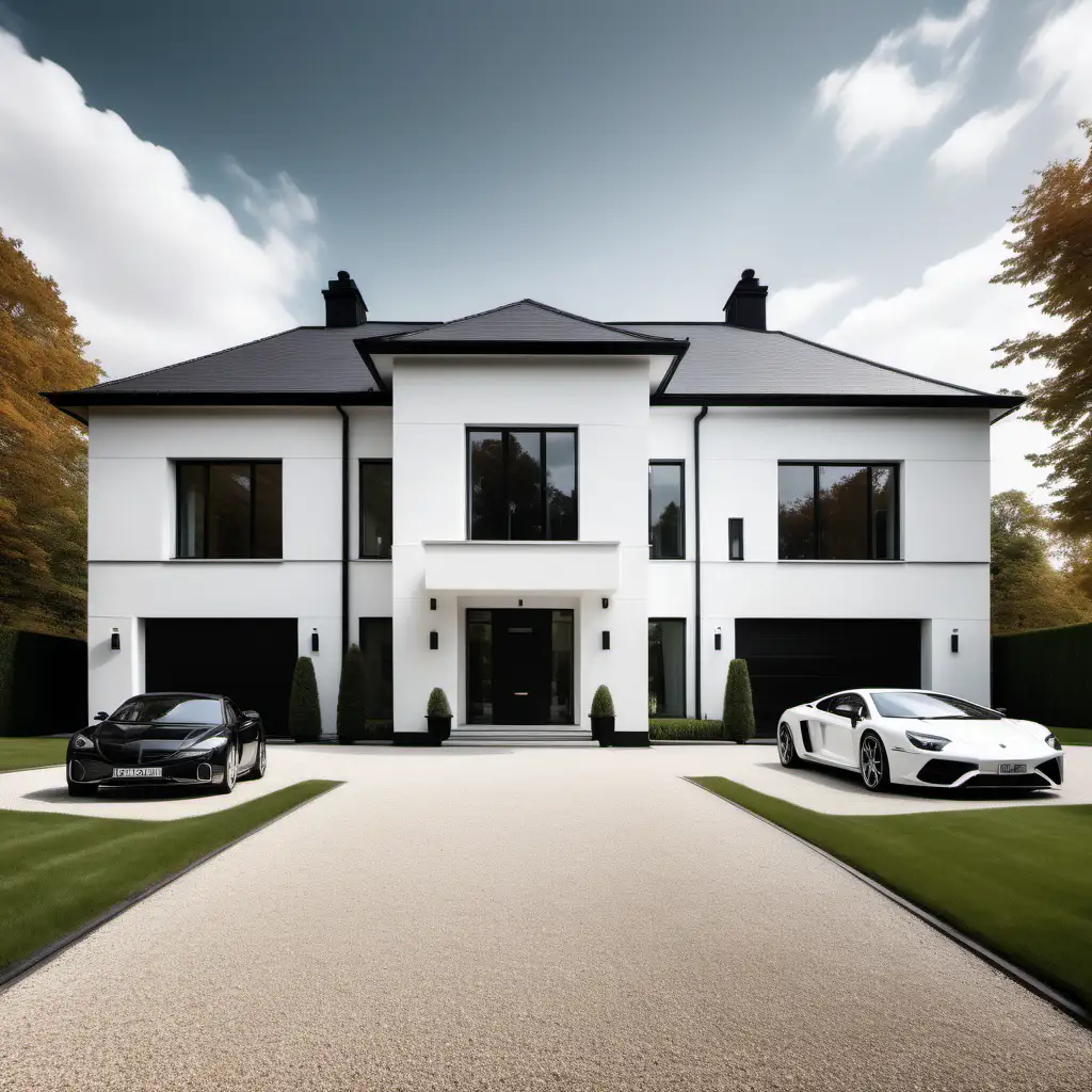 Editorial style photo of the exterior of a modern White and black  detached mansion in the country, driveway with cars 