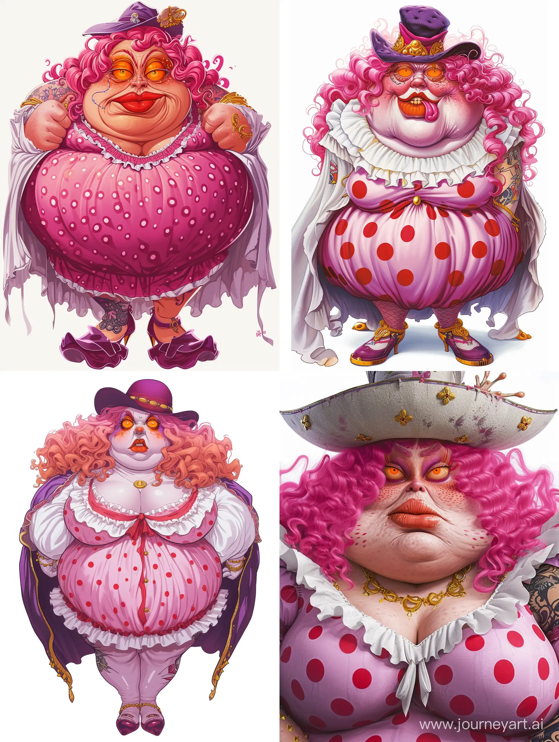 A round, plump woman with a chin that completely covers her neck. Big Mom is incredibly tall. Her eyes are quite round and orange in color, eyelashes are visible, dark purple shadows are visible around the eyes. a wide mouth with full lips, which she paints in bright pink or red, and a long thick tongue that often shows out of her mouth. Long, curly pink hair grows on her head, which falls down her back to the level of her shoulder blades. big and sloppy, nose and plump, round cheeks. She has a tattoo on her left arm and shoulder, wears a hat on her head, wears a pink dress with red polka dots and white ruffles along the neckline and hemline.Behind her is a cloak that falls almost to the ground on her broad back in white waves. The outfit is complemented by shoes with small heels of dark purple color and gold rings in large numbers, which are decorated with yellow stones and which are on almost all of her fingers.
