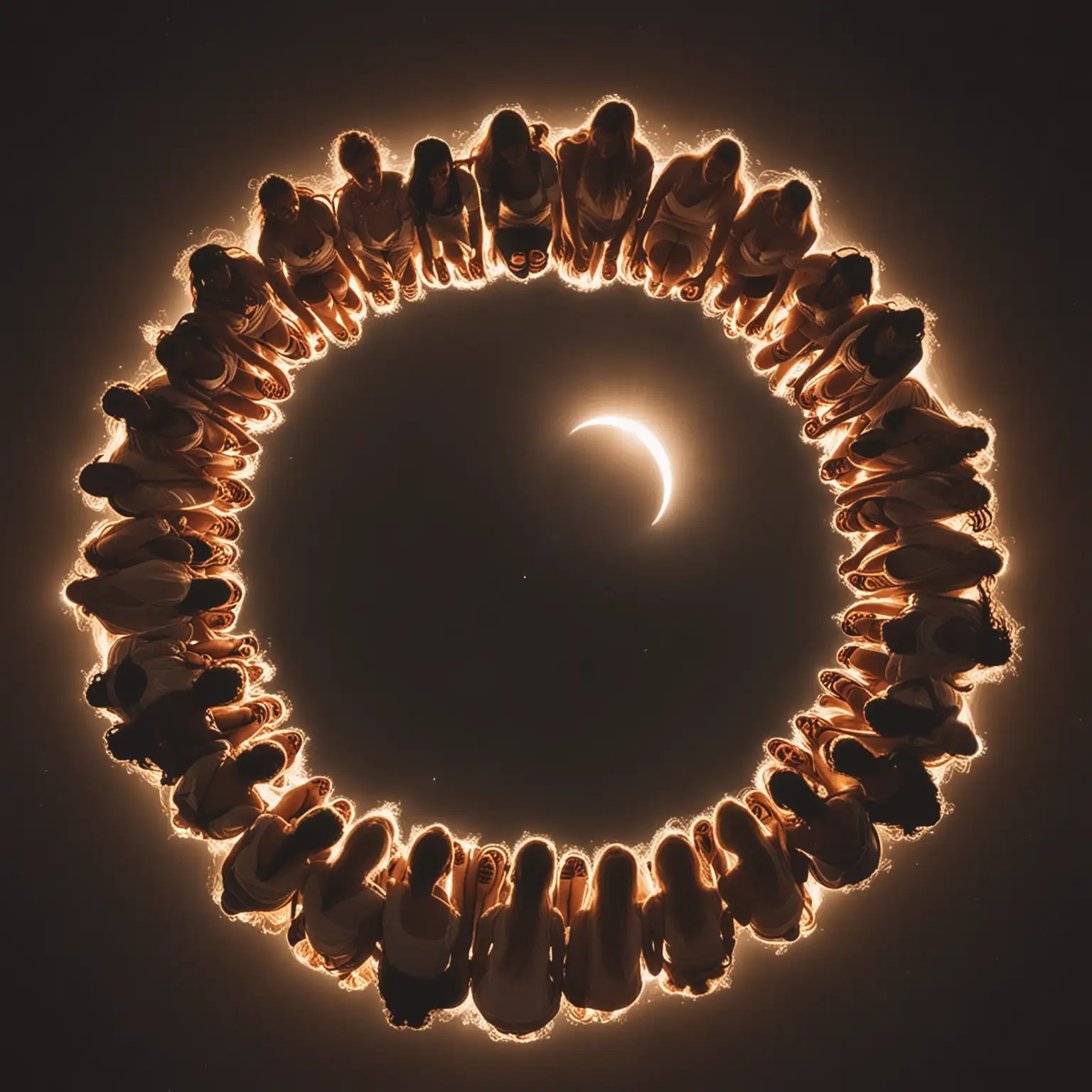 circle of women sitting on earth under the full solar eclipse