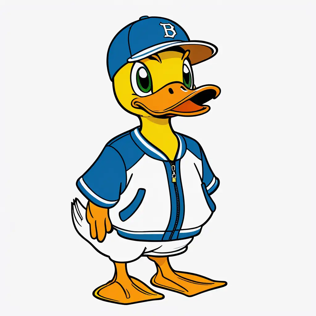 Cartoon drawing of duck wearing a baseball cap and tracksuit; plain white background
